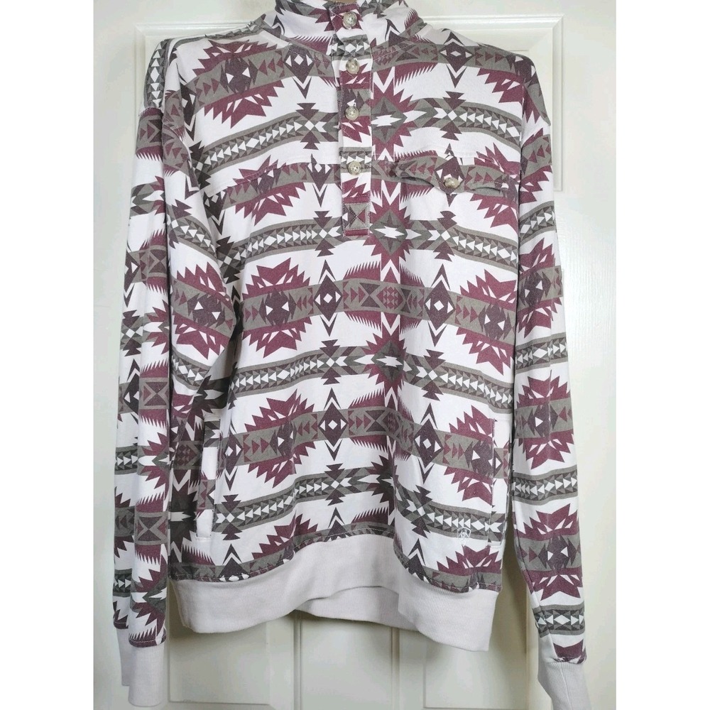 Ariat Mens Retro Fit Button Pullover Sweatshirt Size Small Aztec Print Maroon